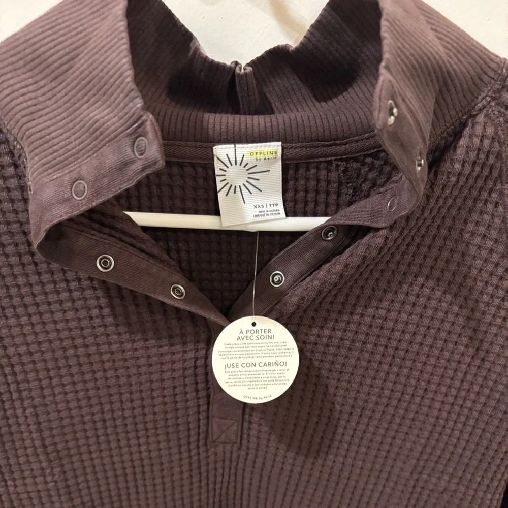 NWT Aerie Wow! Waffle Mockneck Henley Long Sleeve T-Shirt - Picture 7 of 9